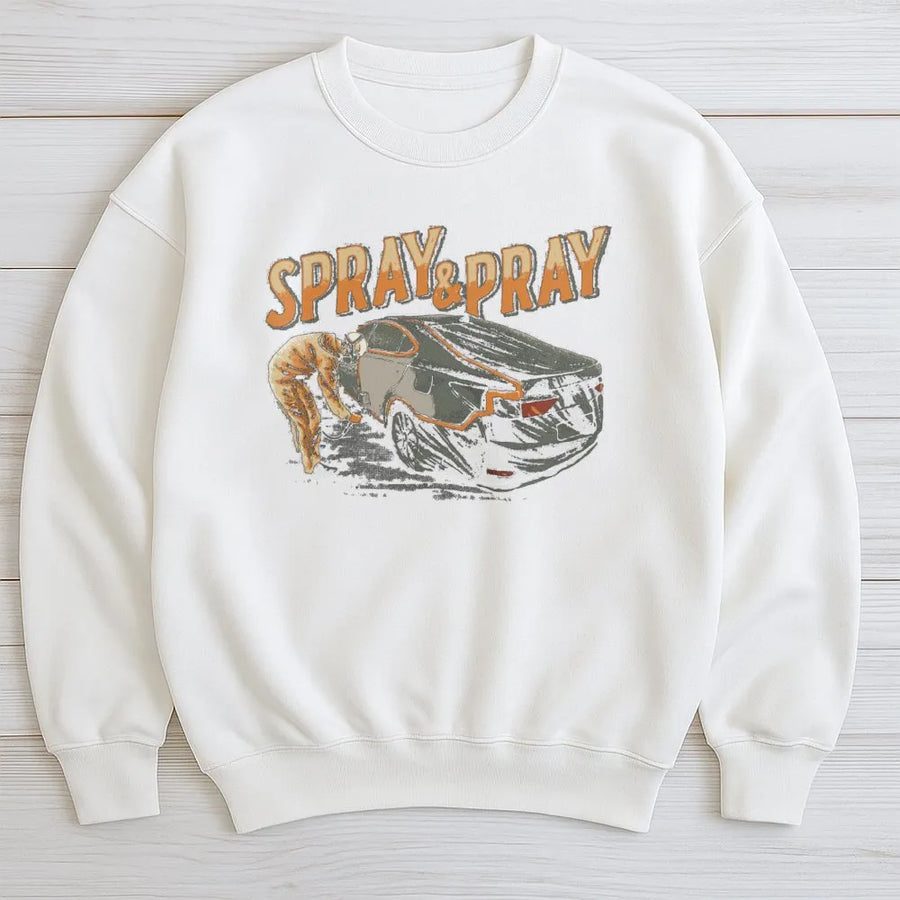 Auto Body Painter Sweatshirt | Spray & Pray Mechanic Car Graphic | Premium Cotton Blend Workwear | Gift For Auto Technician