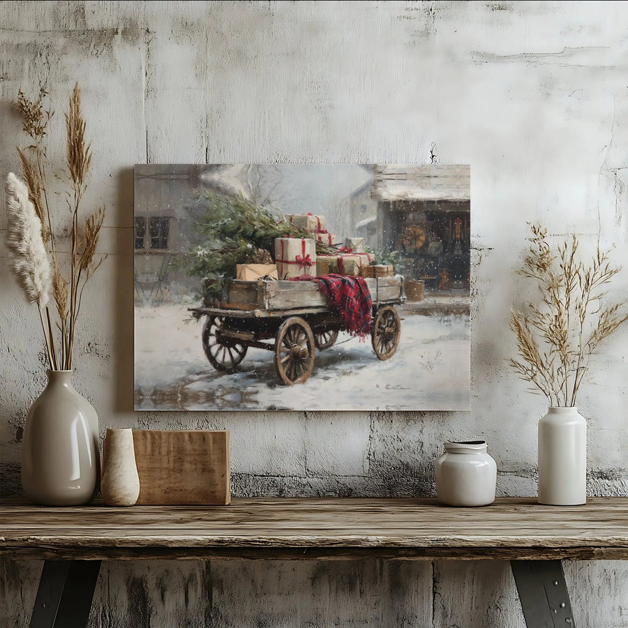 Vintage Christmas Farmhouse Canvas Art | Holiday Snow Scene with Wooden Wagon | Premium Gallery Wrap Decor | Festive Wall Art for Winter Home Decor