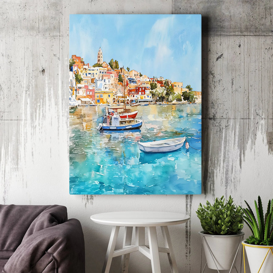 Mediterranean Harbor Canvas Art | Watercolor Painting of Coastal Town | Premium Thick Canvas Print | Travel Lover Wall Decor Gift