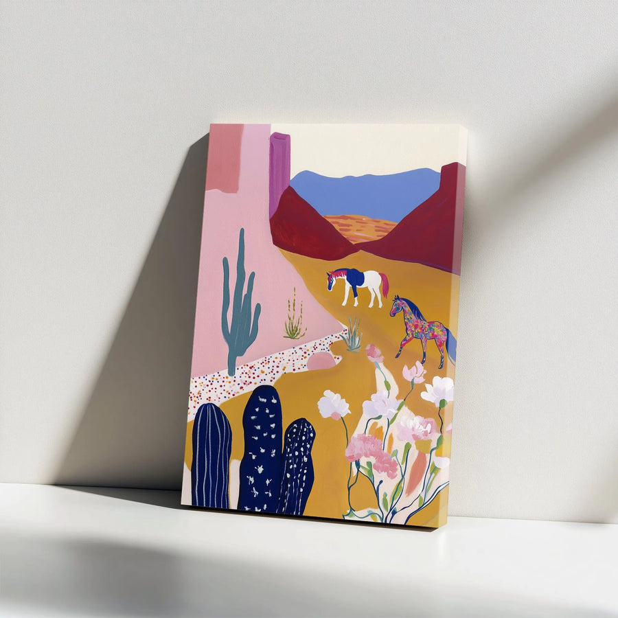 Boho Desert Horse Canvas Wall Art | Colorful Abstract Southwestern Landscape | Thick 1.25" Gallery Wrap Canvas | Premium Living Room Decor Gift