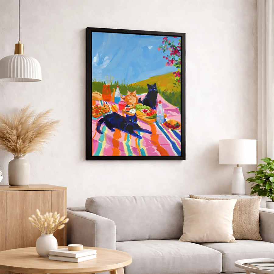 Cat Picnic Wall Art | Colorful Impressionist Style Painting | Premium 1.25-Inch Gallery Canvas | Cute Animal Decor Gift for Cat Lovers