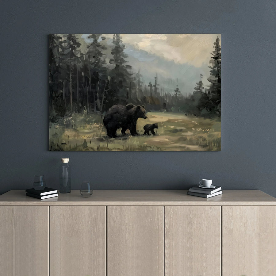 Mother Bear and Cub Wall Art | Impressionist Forest Wildlife Painting | Premium Gallery Wrap Canvas | Rustic Home Decor Gift for Nature Lovers