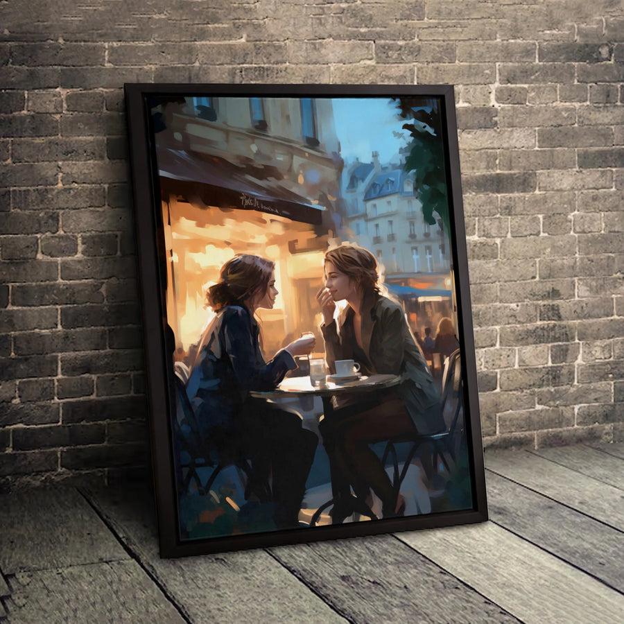 Parisian Cafe Canvas Art | Two Women Talking Painting | 1.25 Inch Gallery Wrap | Romantic French Bistro Wall Decor
