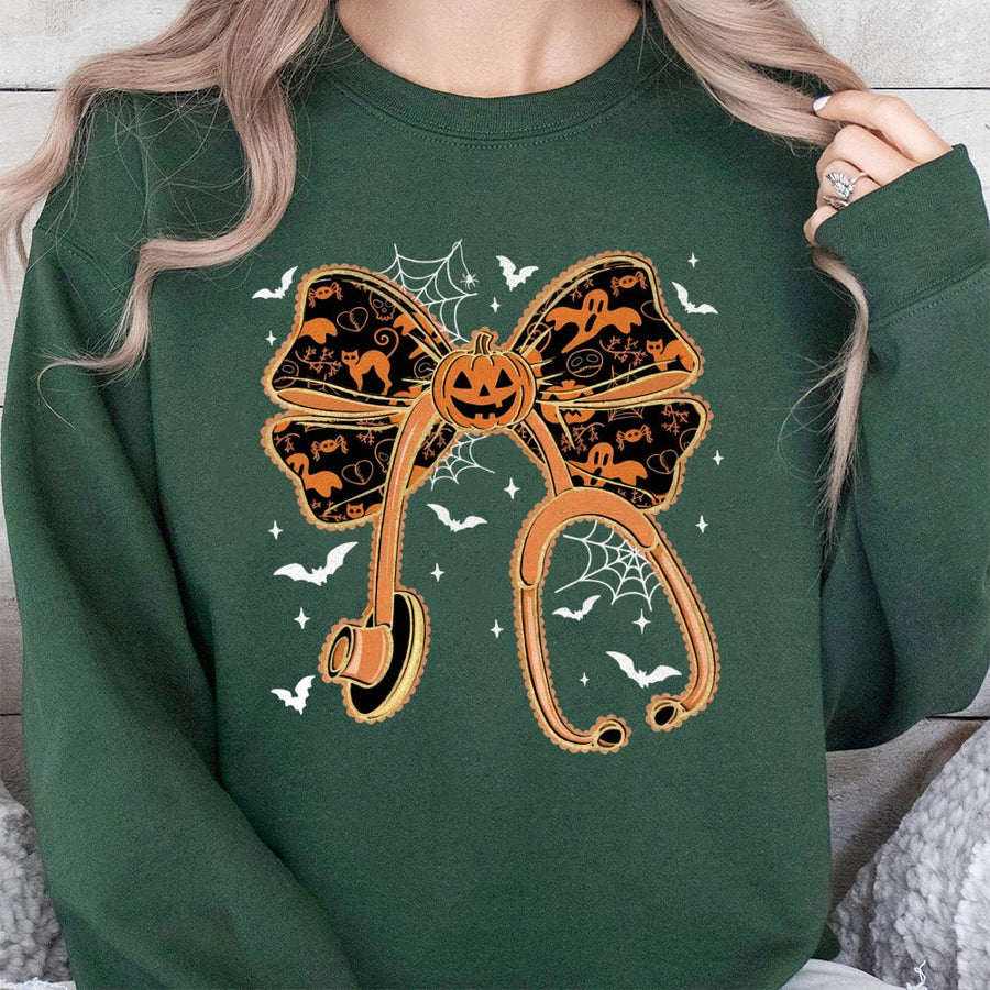 Halloween Nurse Sweatshirt | Pumpkin Bow Stethoscope Graphic | Premium Cotton Blend | Spooky Fall Medical Apparel Gift for RN Student
