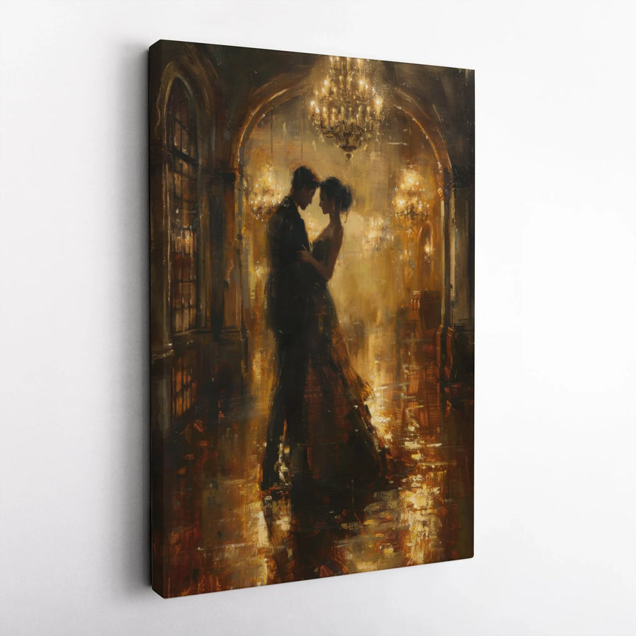 Romantic Ballroom Dance Canvas Print | Elegant Couple Golden Chandelier Art | Premium Gallery-Wrapped Wall Decor | Anniversary Gift for Couple
