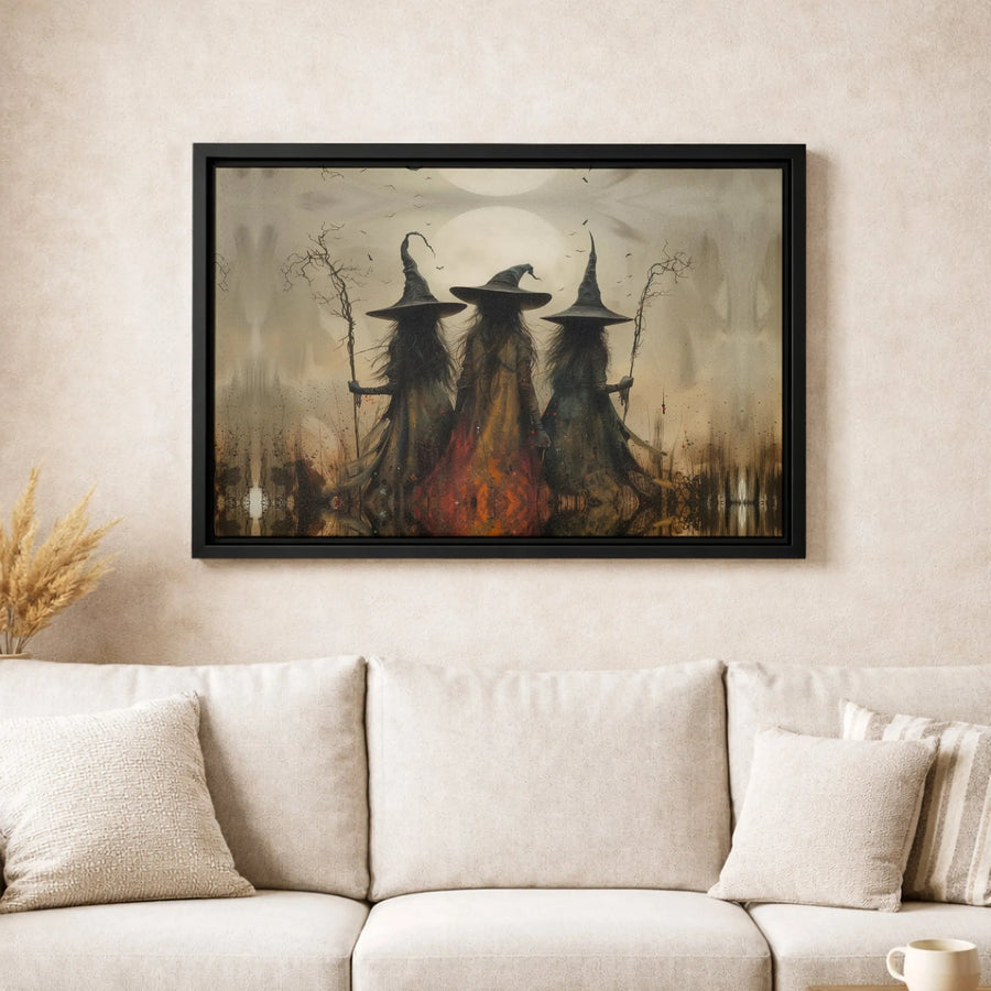 Three Witches Coven Canvas | Gothic Full Moon Halloween Wall Art | Premium Fade-Resistant Print | Dark Academia Home Decor Gift