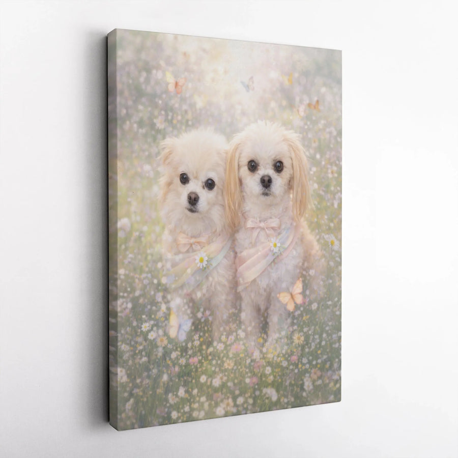 Cute Dogs Canvas Wall Art | Two Fluffy Puppies in Flower Meadow | Premium Thick Gallery Wrap | Gift for Dog Lover