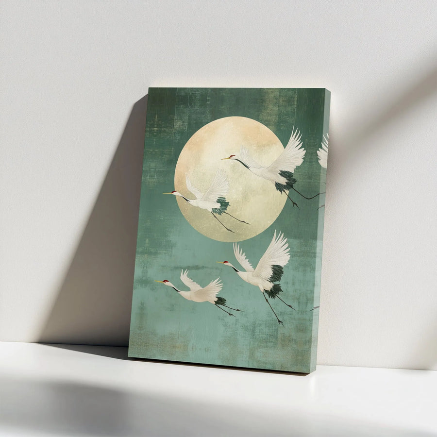 Japanese Crane Canvas Wall Art | Flying Cranes Over Full Moon | Premium Gallery Wrapped Canvas | Asian Inspired Living Room Art