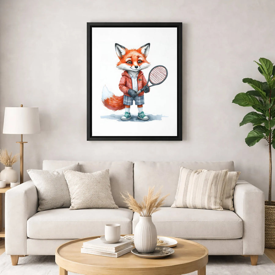 Cute Fox Tennis Player Canvas Wall Art | Watercolor Animal Sports Print | Premium Gallery-Wrapped Decor | Gift for Tennis Lovers & Kids Room