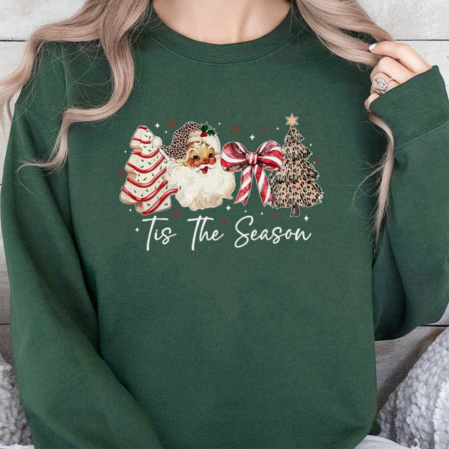 Tis The Season Christmas Sweatshirt | Leopard Print Santa & Bow Graphic | Premium Cotton Blend | Holiday Gift For Women & Family