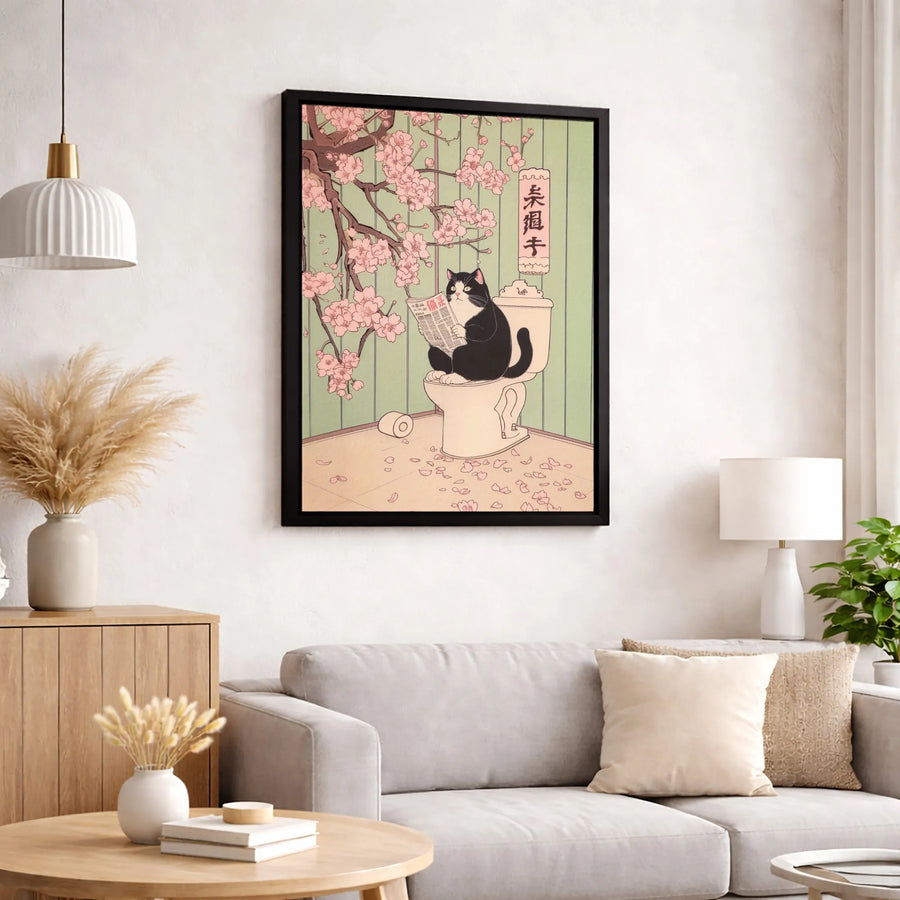 Japanese Cat Art Canvas | Funny Black Cat Reading Newspaper on Toilet | Gallery Quality Ukiyo-e Style Wall Decor | Unique Bathroom Art Gift