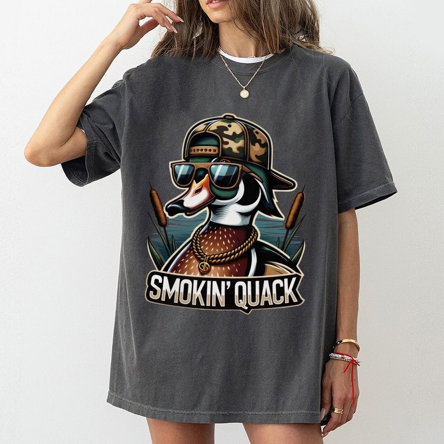 Smokin Quack Duck T-Shirt | Funny Hunter Camo Hat Design | 100% Cotton Premium Apparel | Gift for Duck Hunters and Outdoorsmen