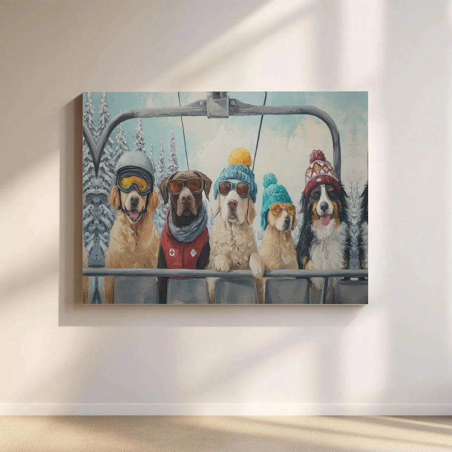 Dogs On Ski Lift Canvas Print | Funny Winter Dog Portrait | Premium Gallery Wrap Wall Art | Cozy Mountain Cabin Decor Gift