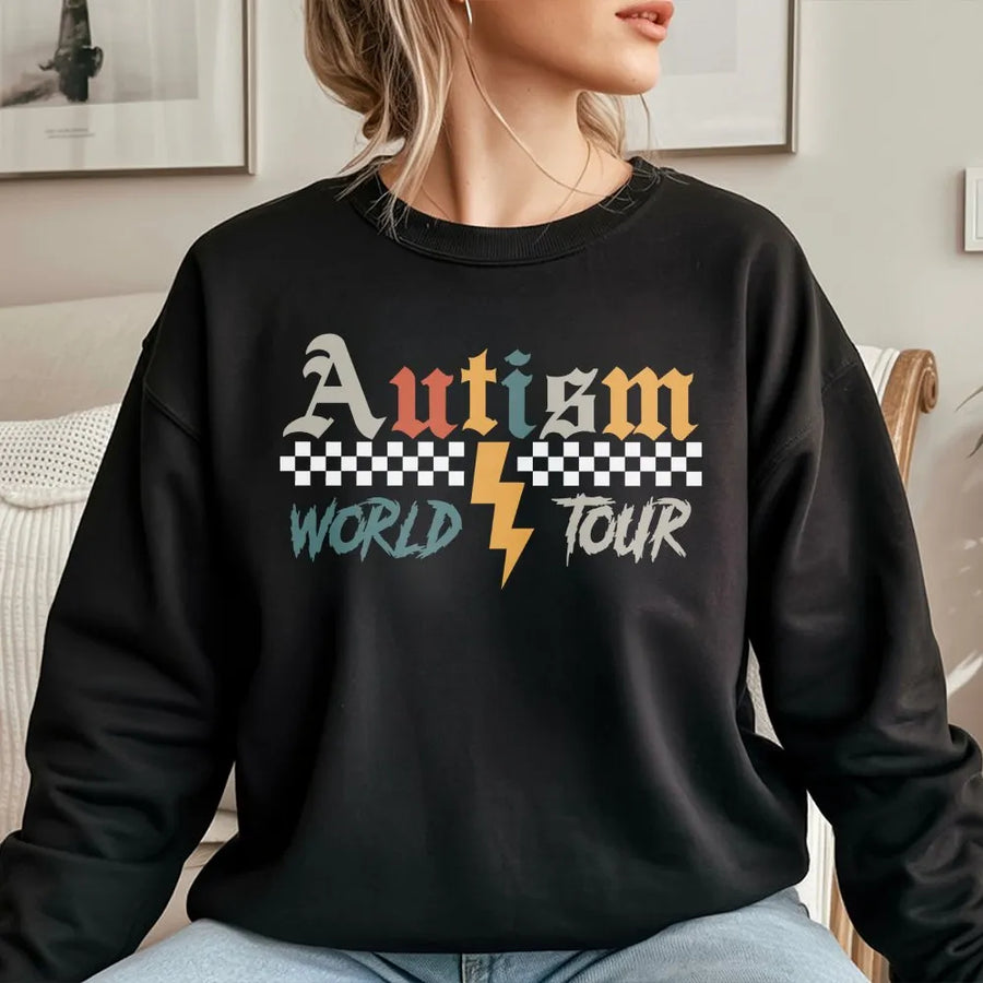 Autism World Tour Sweatshirt | Retro Rock Tour Style Graphic | Premium Cotton Blend | Neurodiversity Awareness Gift