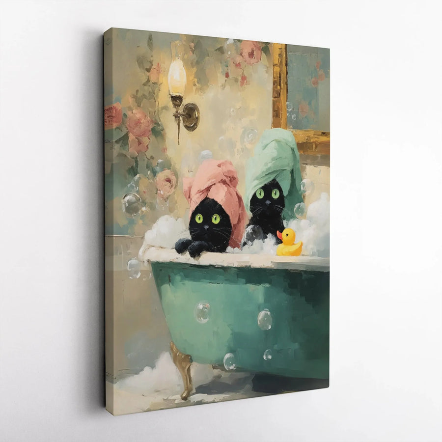 Funny Black Cat Canvas Wall Art | Cats in Bathtub Oil Painting Style | Premium Gallery Wrapped Canvas | Bathroom Decor Gift for Cat Lover