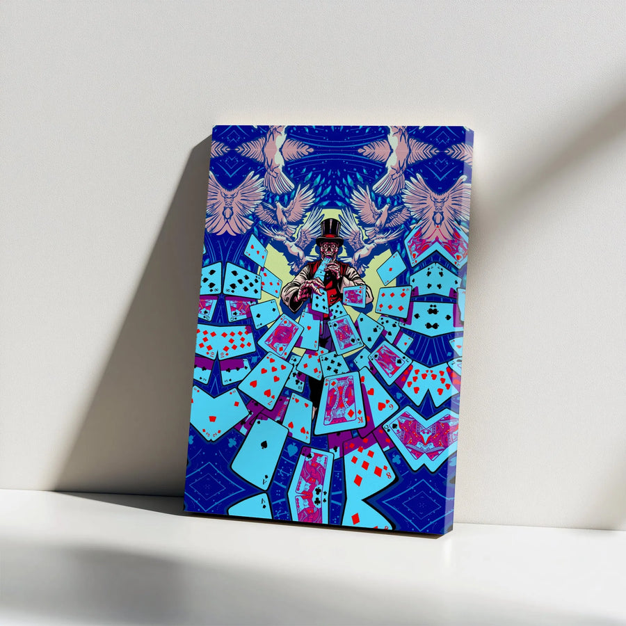 Magic Skeleton Canvas Print | Surreal Playing Card Magician | Premium Fade-Resistant Print | Gift for Poker Player, Game Room Decor
