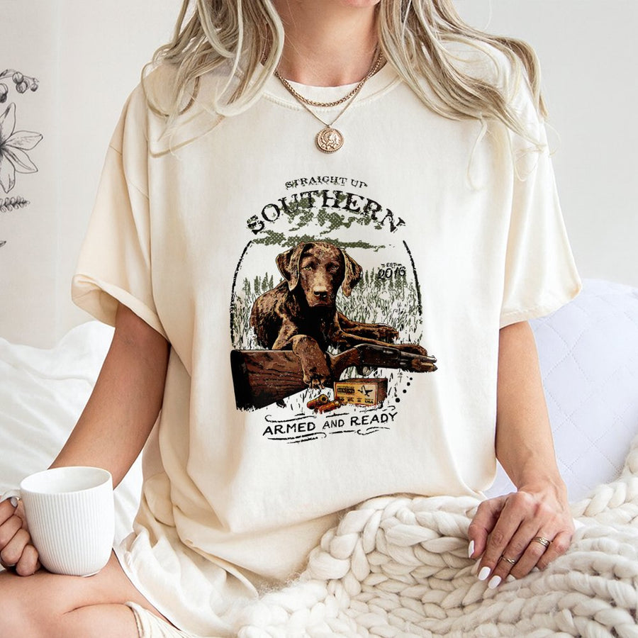 Chocolate Labrador Hunting T-Shirt | Straight Up Southern Armed and Ready Graphic | Premium 100% Cotton Tee | Gift for Hunters and Dog Lovers