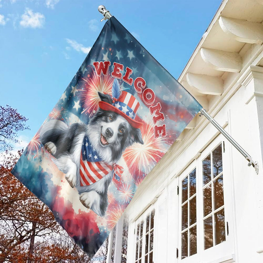 Patriotic Border Collie Welcome Flag | 4th of July Fireworks Outdoor Decor | Premium Weather-Resistant Polyester | House Garden Gift for Dog Lovers