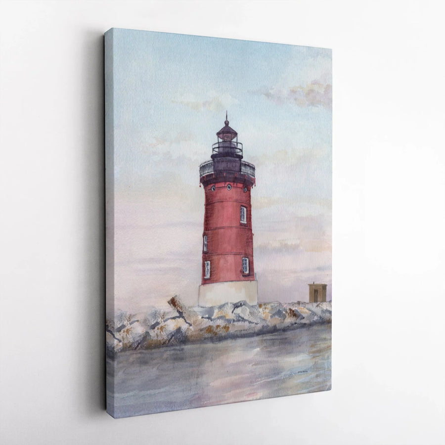 Watercolor Lighthouse Canvas Wall Art | Red Lighthouse Coastal Painting | Premium Gallery-Wrapped Canvas | Beach House & Nautical Home Decor Gift