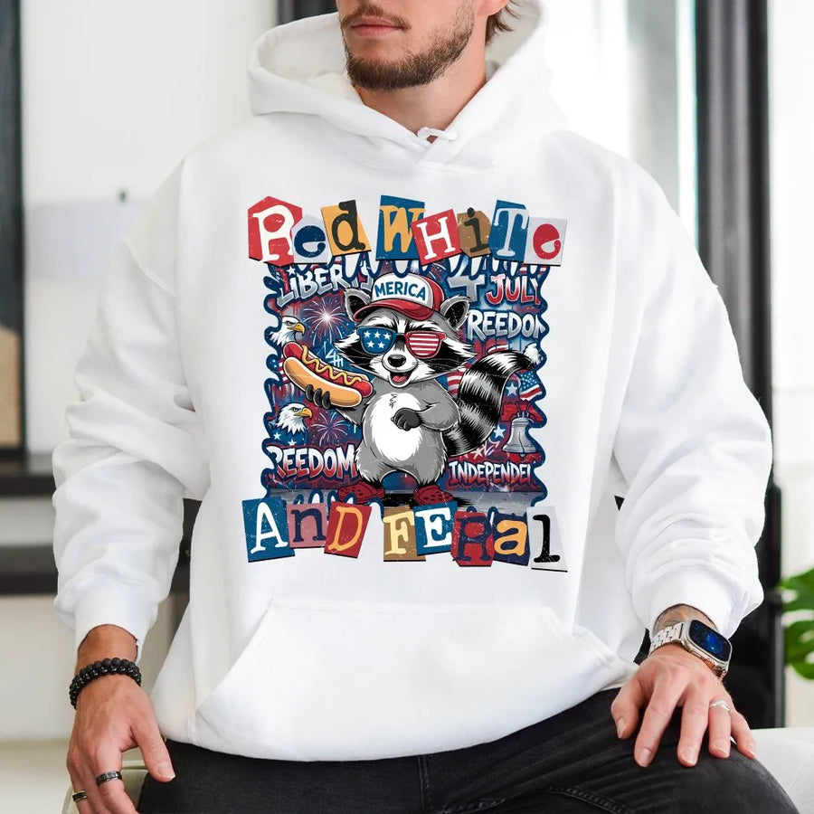 Red White and Feral Hoodie | Funny Patriotic Raccoon Graphic | Soft Cotton-Blend Pullover | 4th of July Independence Day Gift
