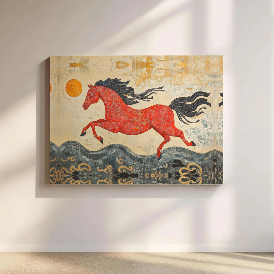Red Running Horse Canvas Wall Art | Folklore Inspired Equestrian Decor | Premium Gallery Wrap Print | Southwestern Home Decor Gift