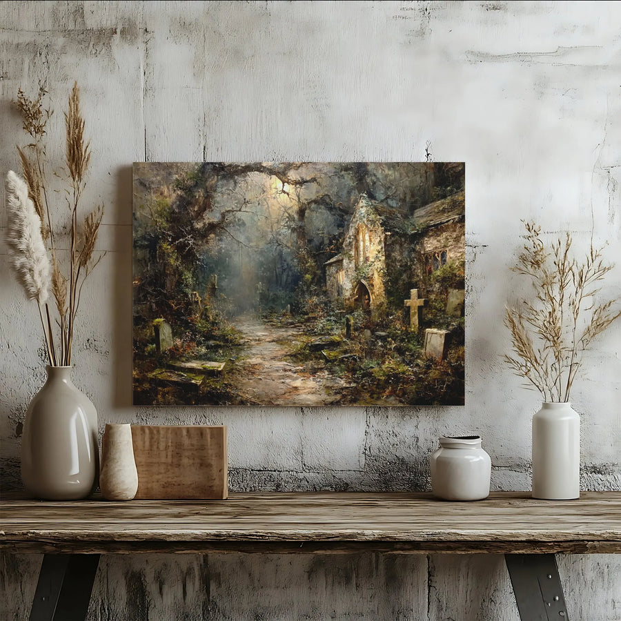 Gothic Graveyard Canvas Wall Art | Abandoned Church Dark Forest Landscape | Premium Gallery-Wrapped Print | Moody Haunted Home Decor Gift