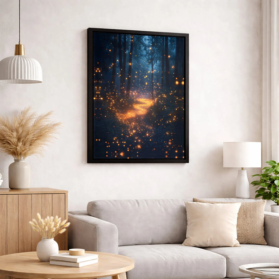 Enchanted Forest Canvas Art | Magical Glowing Fireflies Path | Premium Gallery-Wrapped Print | Whimsical Nature Wall Decor for Living Room