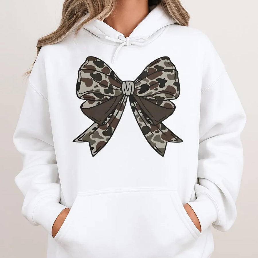Camo Bow Hoodie | Trendy Coquette Aesthetic Graphic | Premium Cotton Blend | Gift For Women Hunting Enthusiasts