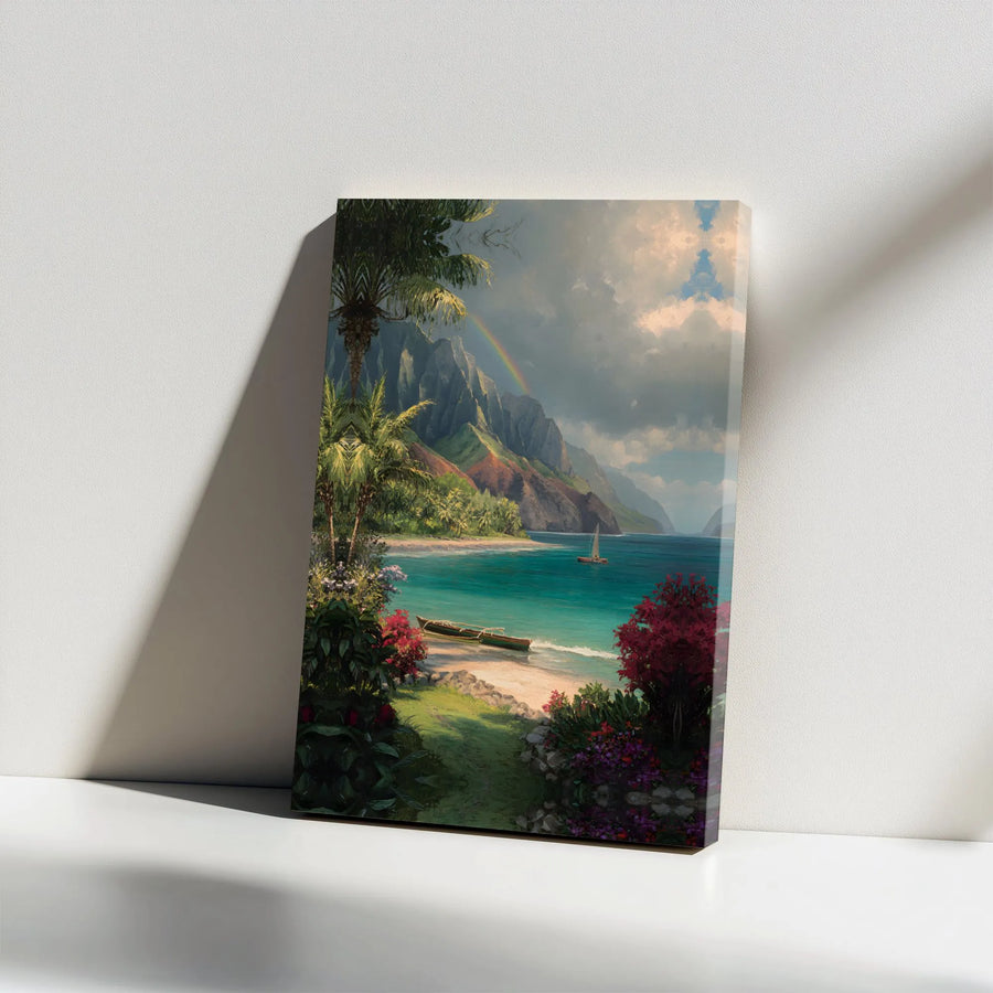 Hawaii Na Pali Coast Canvas Wall Art | Tropical Island Landscape with Rainbow | Premium Gallery Wrapped Print | Coastal Home Decor Gift