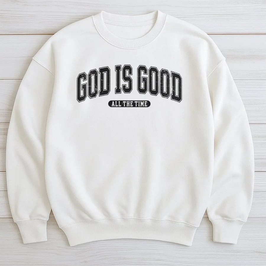 God Is Good Sweatshirt | Retro Christian Sweatshirt with Varsity Design | Soft Cotton Blend | Faith Based Gift for Men & Women