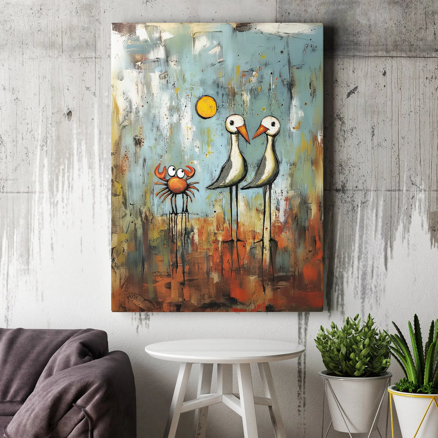 Abstract Seabird and Crab Canvas Art | Modern Coastal Painting Print | Premium Gallery Wrapped Canvas | Beach House Wall Decor Gift