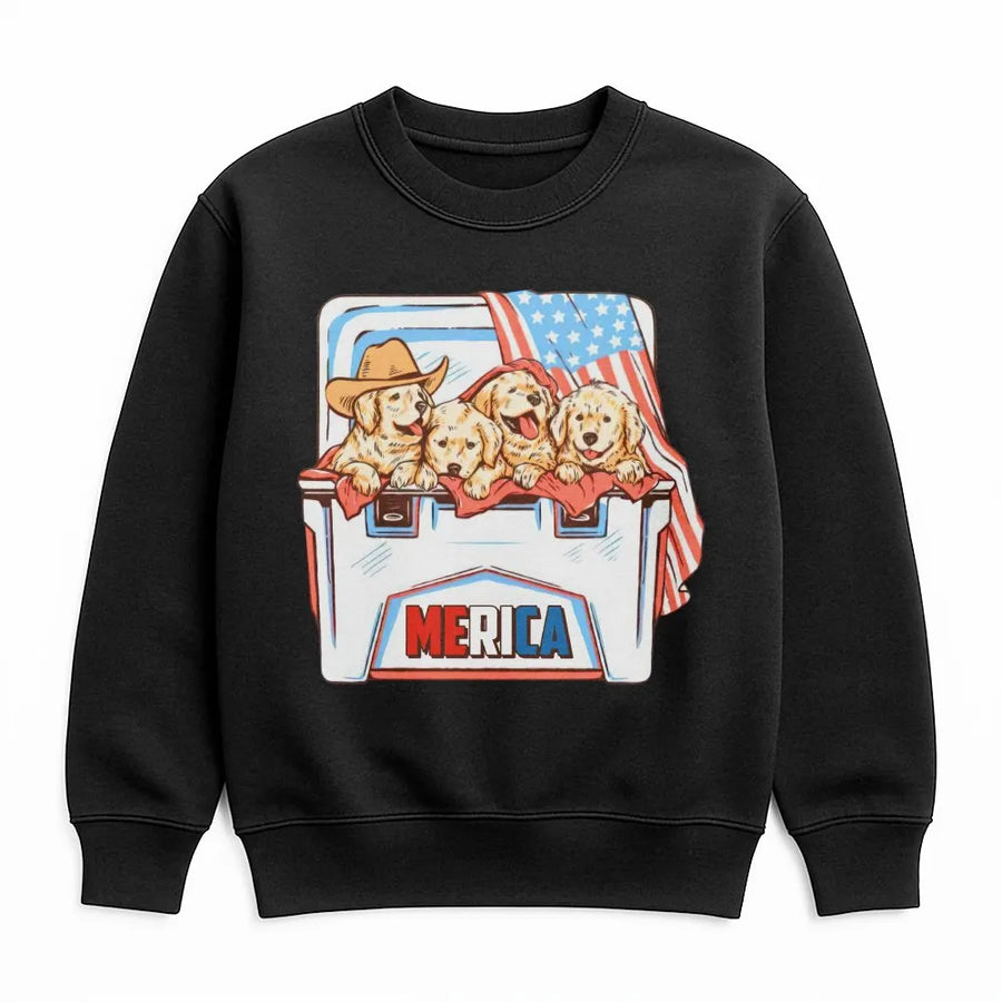 Patriotic Golden Retriever Sweatshirt | Cute Puppies in Cooler with USA Flag | Soft Cotton Graphic Tee | 4th of July Merica Gift for Dog Lovers