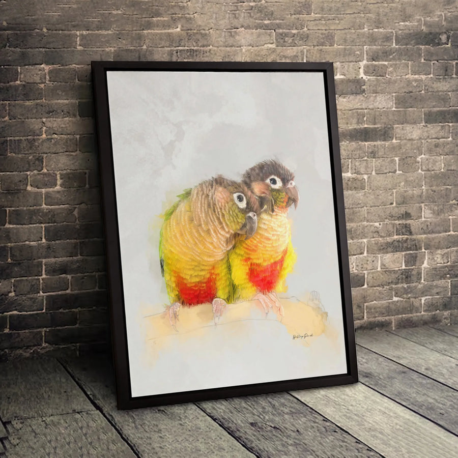 Green-Cheeked Conure Canvas Art | Watercolor Bird Couple Painting | 1.25-Inch Premium Gallery Profile | Parrot Lover Home Decor Gift