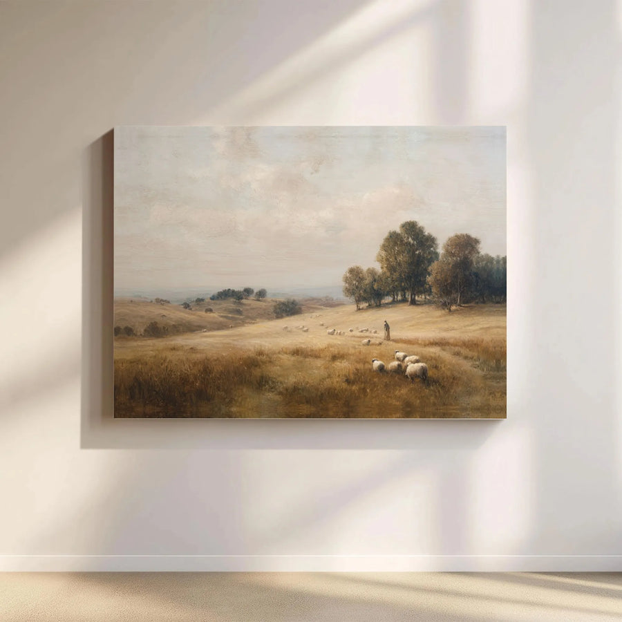 Pastoral Landscape Canvas Art | Vintage Shepherd and Sheep Painting | Premium 1.25-Inch Gallery Wrap | Rustic Country Home Decor Wall Art