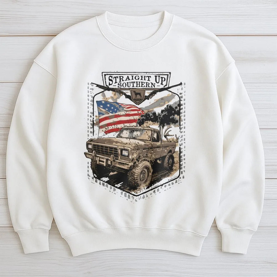 Southern Truck Sweatshirt | Off-Road Mudding American Flag Design | Premium Unisex Fleece Pullover | Patriotic Gift For Country Music & Truck Lovers