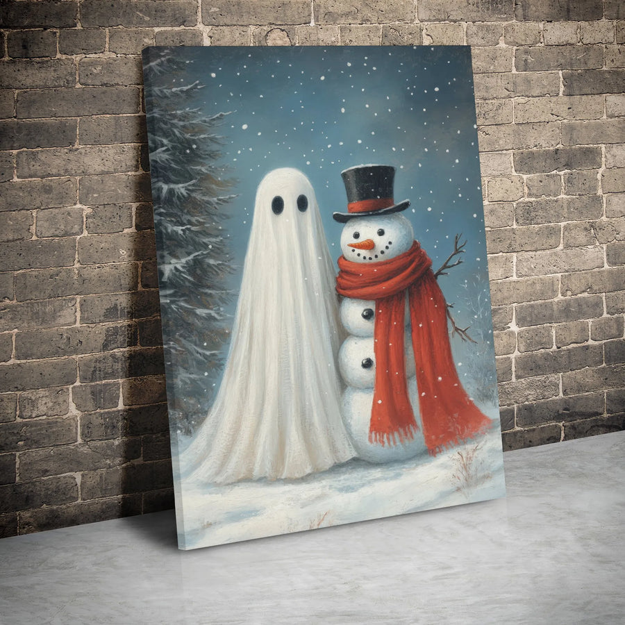 Ghost and Snowman Canvas Wall Art | Spooky Christmas Winter Scene | Premium Gallery Wrap Print | Whimsical Holiday Home Decor Gift