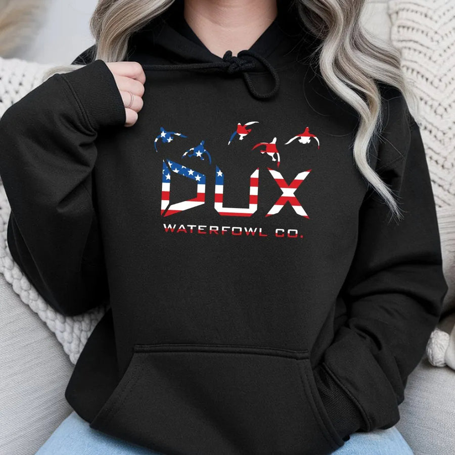 Duck Hunting Hoodie | American Flag Dux Waterfowl Design | Premium Cotton Blend | Gift For Outdoorsmen And Waterfowl Hunters