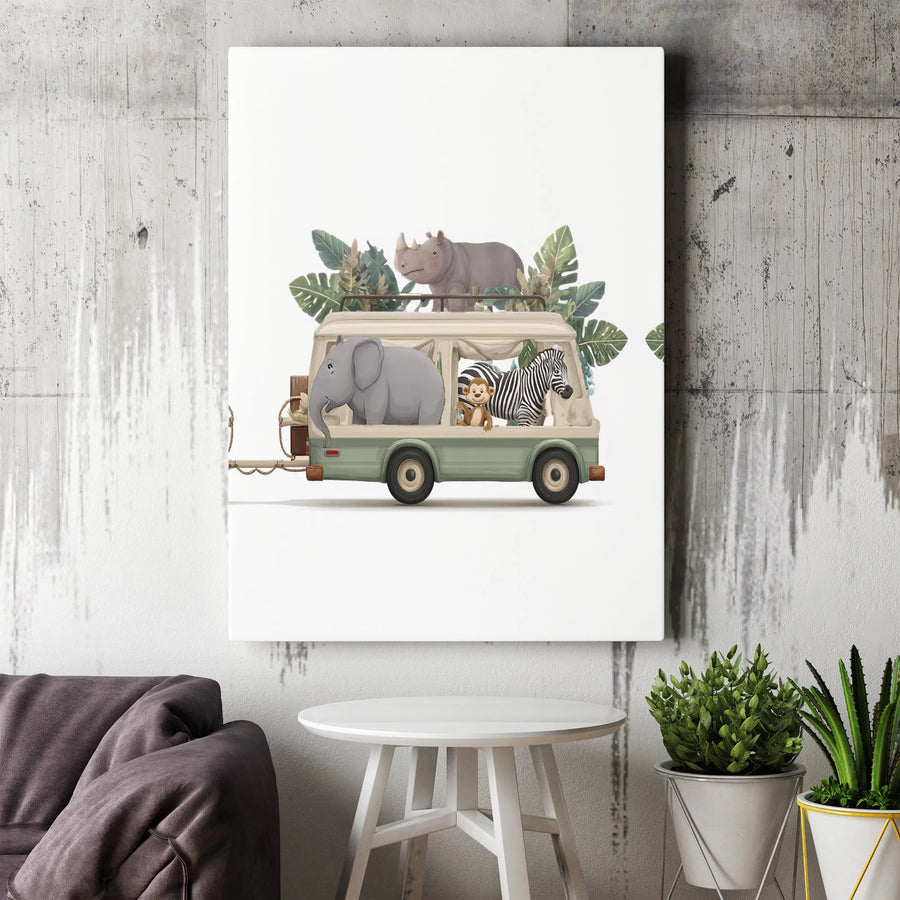 Safari Animals Canvas Wall Art | Whimsical Jungle Jeep Adventure Print | Premium Gallery Wrapped Canvas | Nursery & Kids Room Decor Gift
