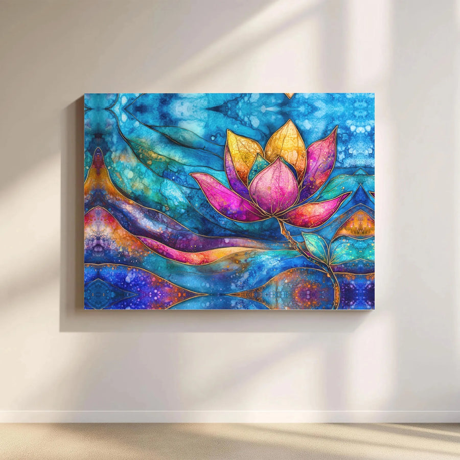 Lotus Flower Canvas Wall Art | Vibrant Watercolor Abstract Print with Gold Accents | Premium Gallery Wrapped Canvas | Gift for Yoga Studio & Meditation Room Decor