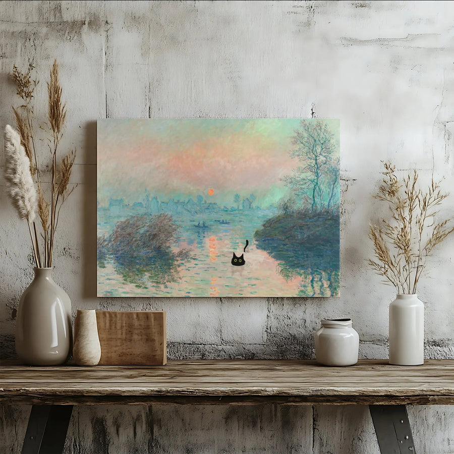 Black Cat Monet Impressionism Canvas | Famous Art Parody Print | Premium 1.25 Inch Gallery Wrap | Unique Cat Lover Home Decor Gift