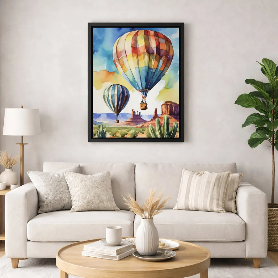 Watercolor Hot Air Balloon Canvas Wall Art | Desert Landscape With Cacti | Premium Fade-Resistant Print | Southwestern Home Decor Gift