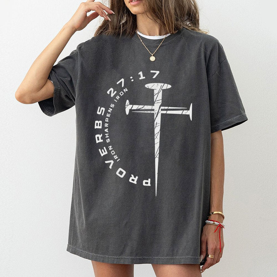 Proverbs 27:17 T-Shirt | Iron Sharpens Iron Nail Cross Graphic | Premium 100% Cotton Christian Apparel | Faith Based Gift For Men And Women