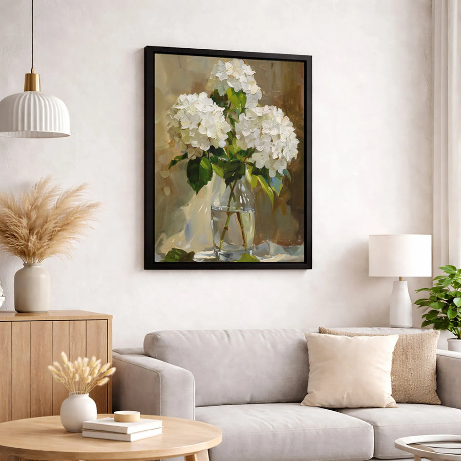 White Hydrangeas Still Life Canvas Art | Floral Oil Painting Print | Gallery-Quality 1.25 Inch Profile | Elegant Home Decor Wall Art