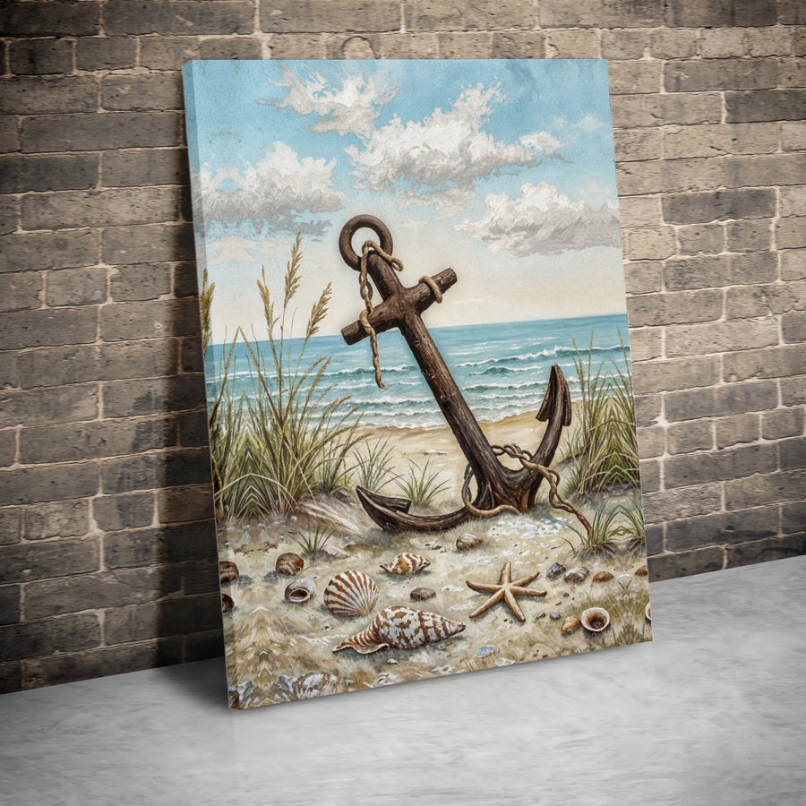 Coastal Anchor Canvas Wall Art | Rustic Beach Seascape with Seashells | Premium 1.25" Gallery Wrap | Relaxing Nautical Home Decor for Beach House