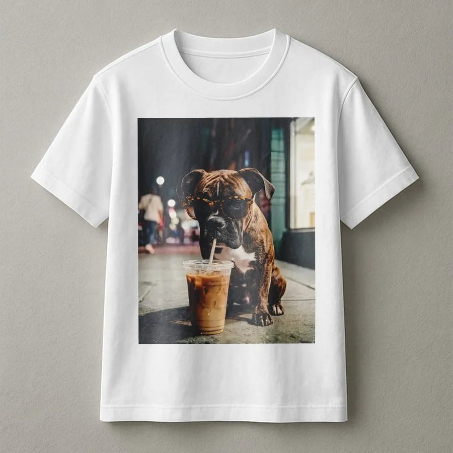 Funny Boxer Dog T-Shirt | Dog Wearing Sunglasses Drinking Iced Coffee | Cozy Cotton Blend | Gift for Boxer Mom and Coffee Lover