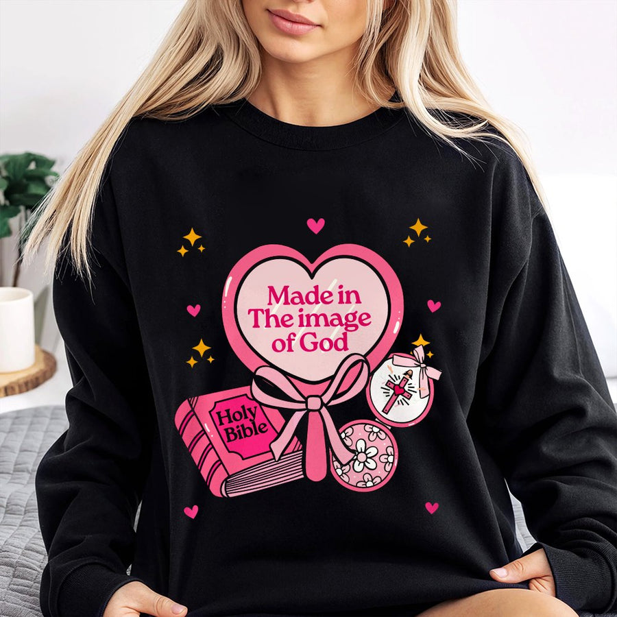 Made In The Image Of God Sweatshirt | Aesthetic Christian Bible Verse Design | Soft Cotton Blend Unisex Pullover | Faithful Religious Gift For Women
