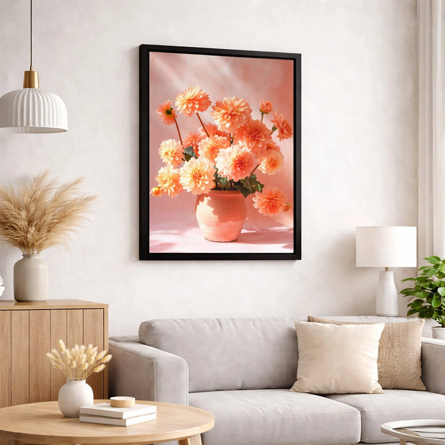 Peach Dahlia Flower Canvas Wall Art | Sunlit Floral Bouquet in Terracotta Vase | Premium Fade-Resistant Gallery Wrap | Elegant Home Decor Gift