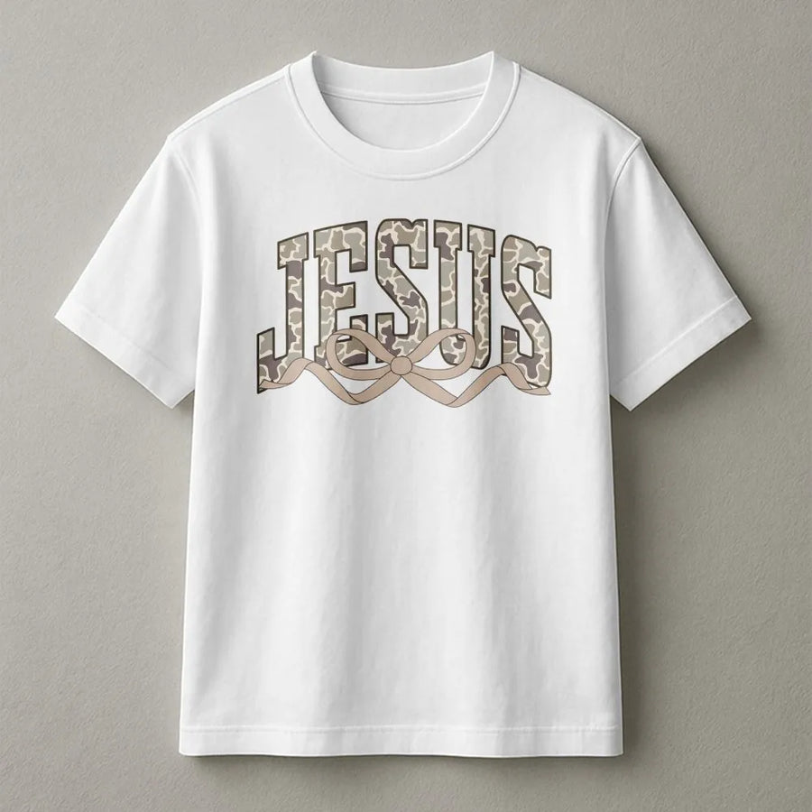 Jesus Camo Coquette Bow T-Shirt | Trendy Faith Based Graphic Tee | Premium Cotton Religious Apparel | Christian Gift for Women and Girls