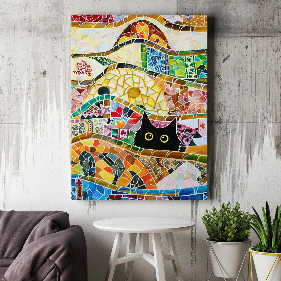 Black Cat Mosaic Wall Art | Peeking Cat Gaudí Style Canvas | Premium Fade-Resistant Print | Unique Cat Lover Home Decor Gift