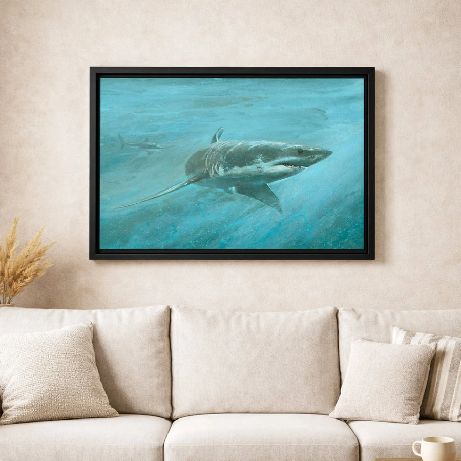 Great White Shark Canvas Art | Underwater Ocean Wildlife Painting | Premium Gallery Wrap Print | Coastal Home Office Wall Decor Gift